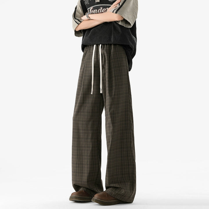 Plaid Elastic Waist Wide Leg Casual Pants