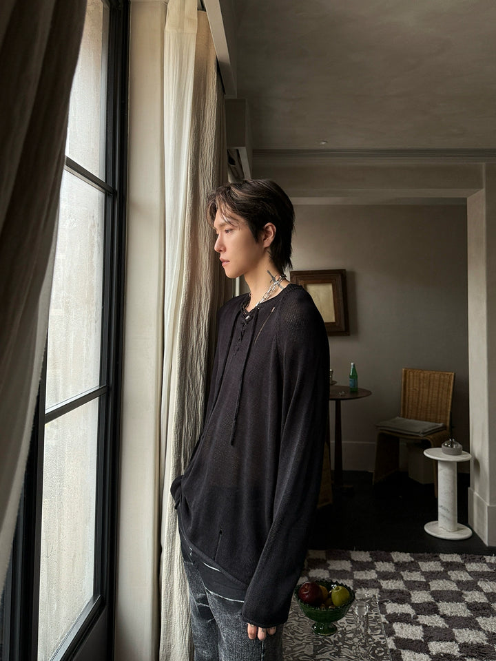 Loose Knit Lace-Up Pullover