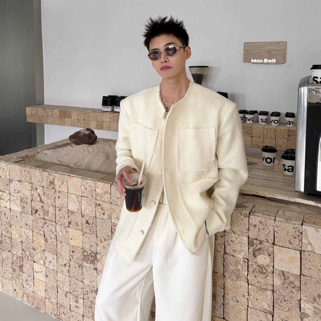 Collarless Wool Raw Edge Jacket
