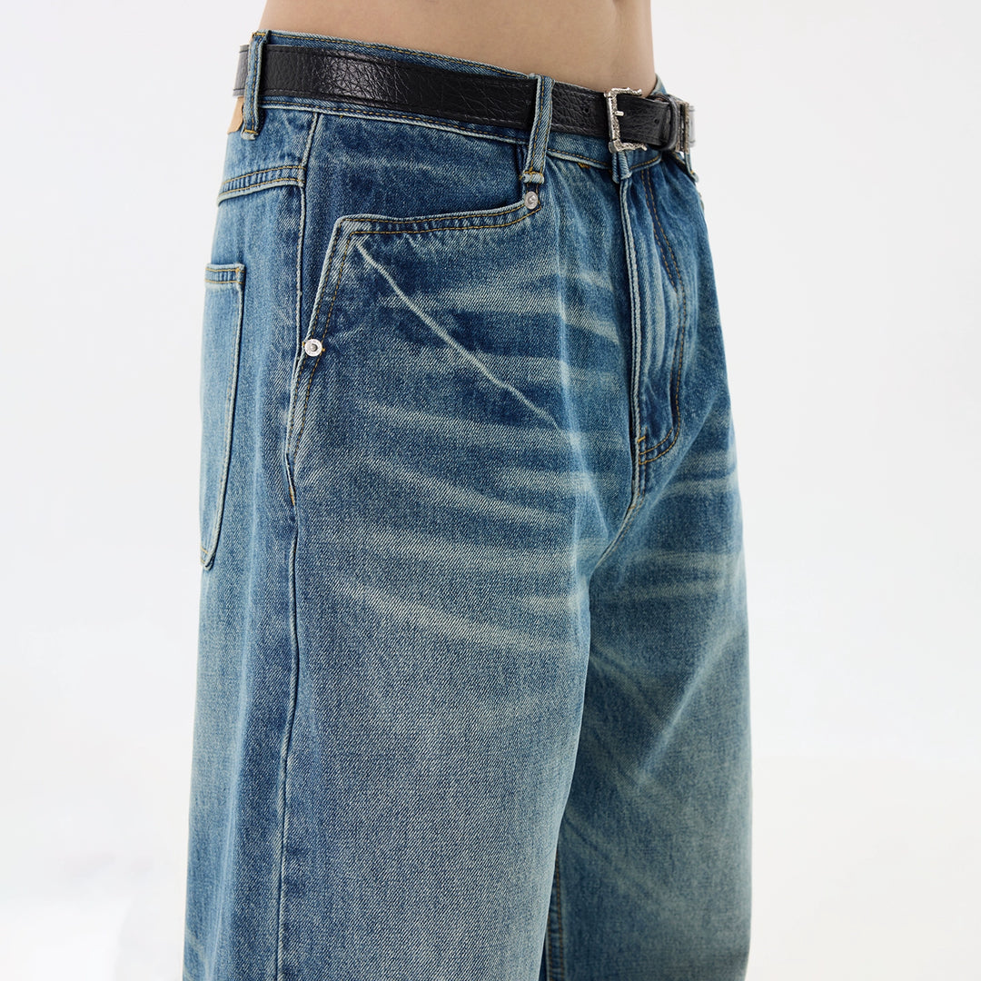 Calças Jeans Retas Largas Desgastadas