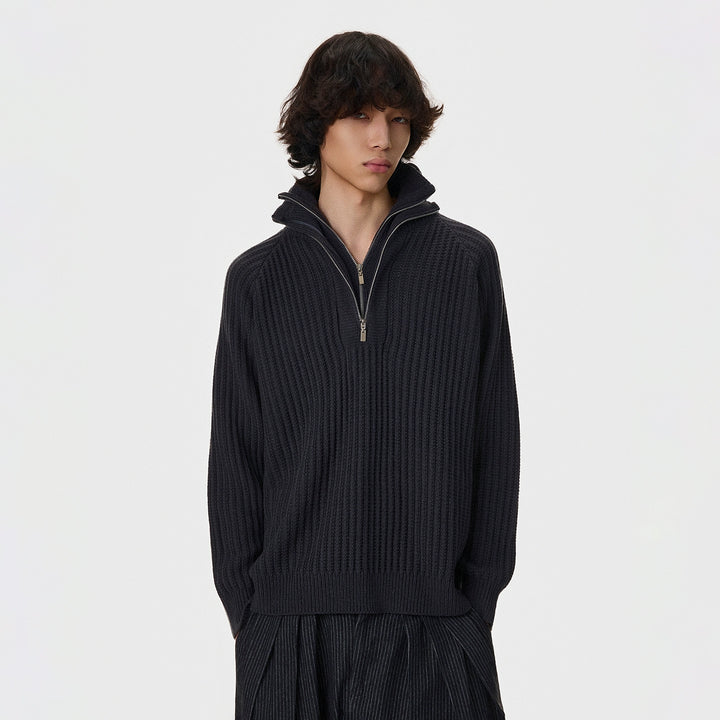 Half-Zip Ribbed Knit Turtleneck Sweater