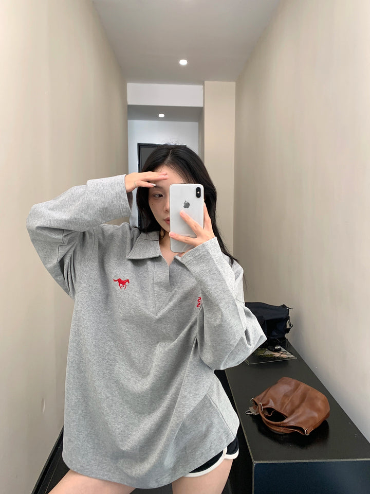 Embroidered Long-Sleeve V-Neck Top