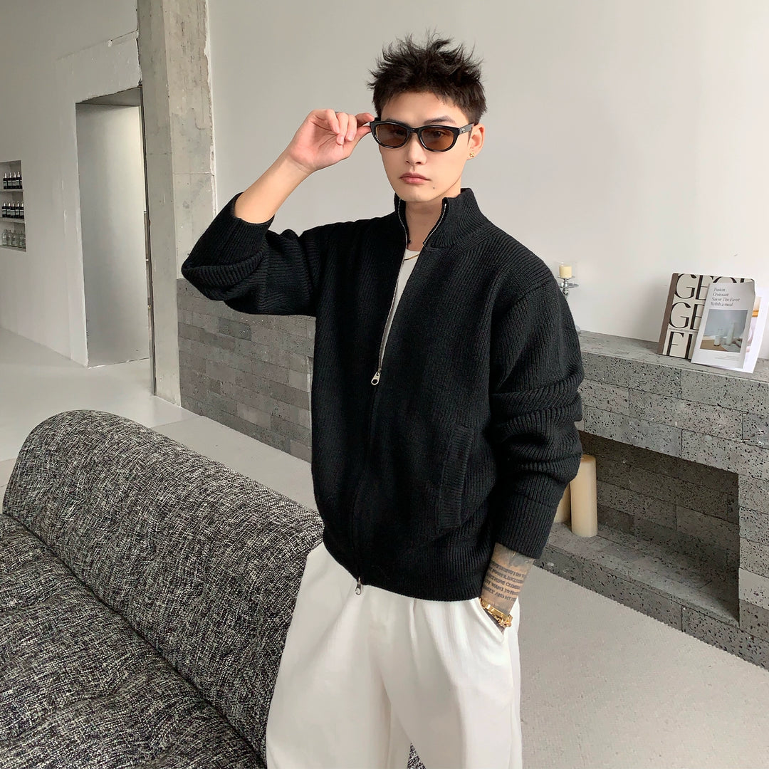 Wool Blend Stand Collar Zip Cardigan