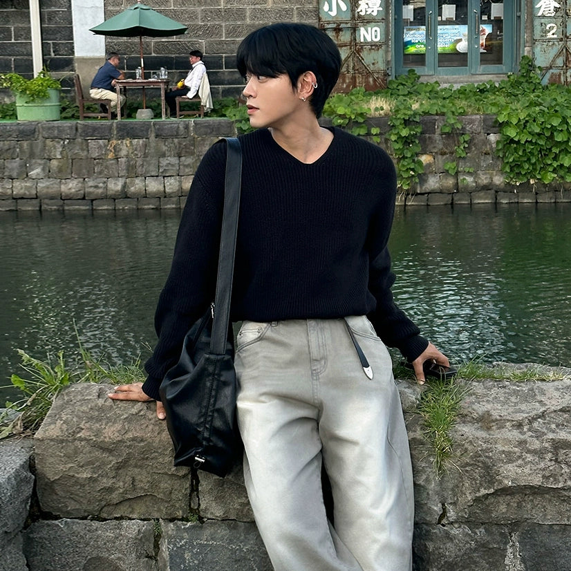 Suéter Casual de Tricô Solto com Decote em V