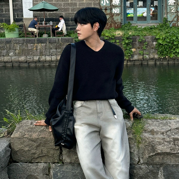 Suéter Casual de Tricô Solto com Decote em V