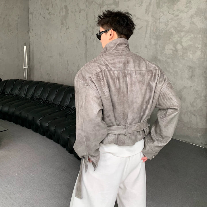 Striped Stand Collar Leather Jacket