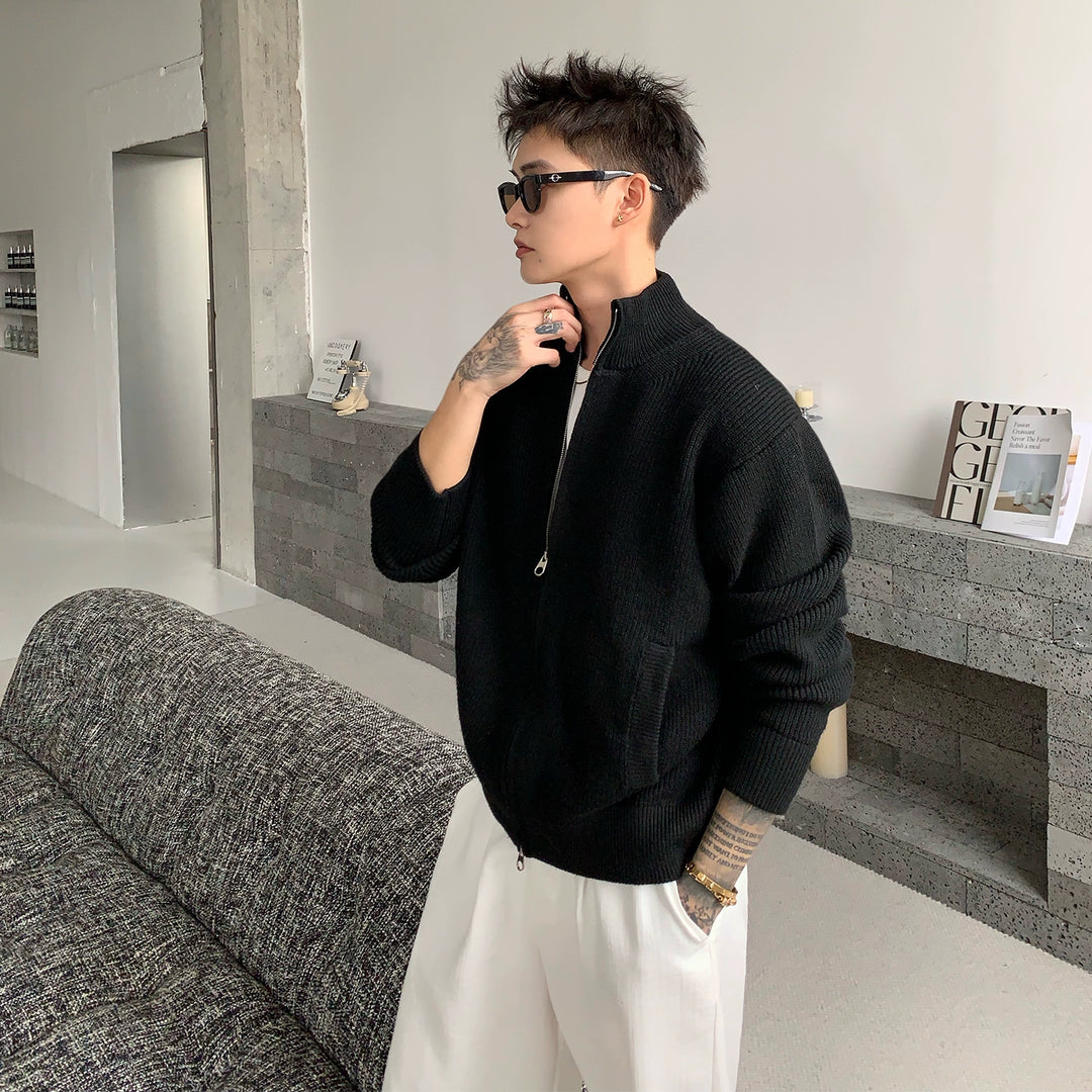 Wool Blend Stand Collar Zip Cardigan