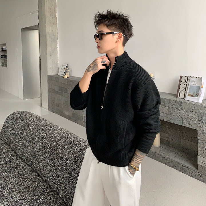 Wool Blend Stand Collar Zip Cardigan