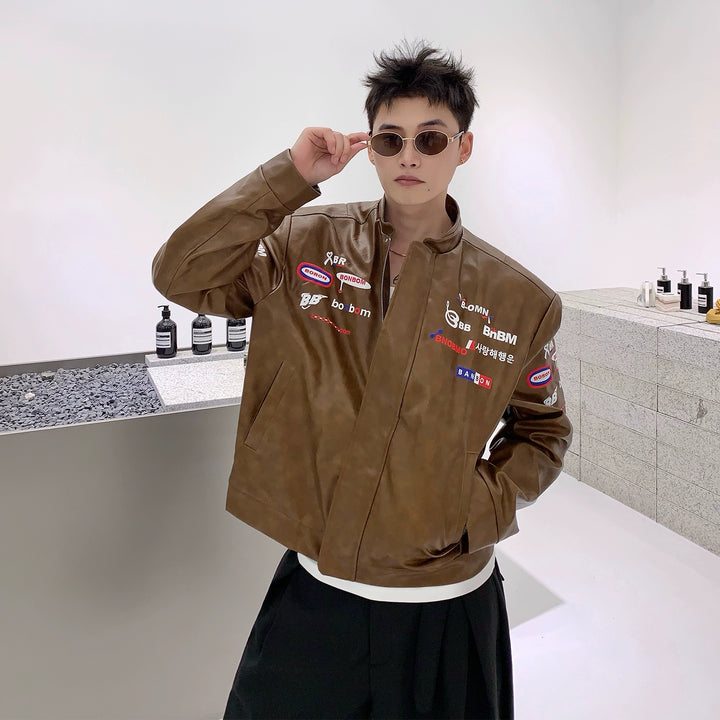 Leather Embroidered Stand Collar Jacket