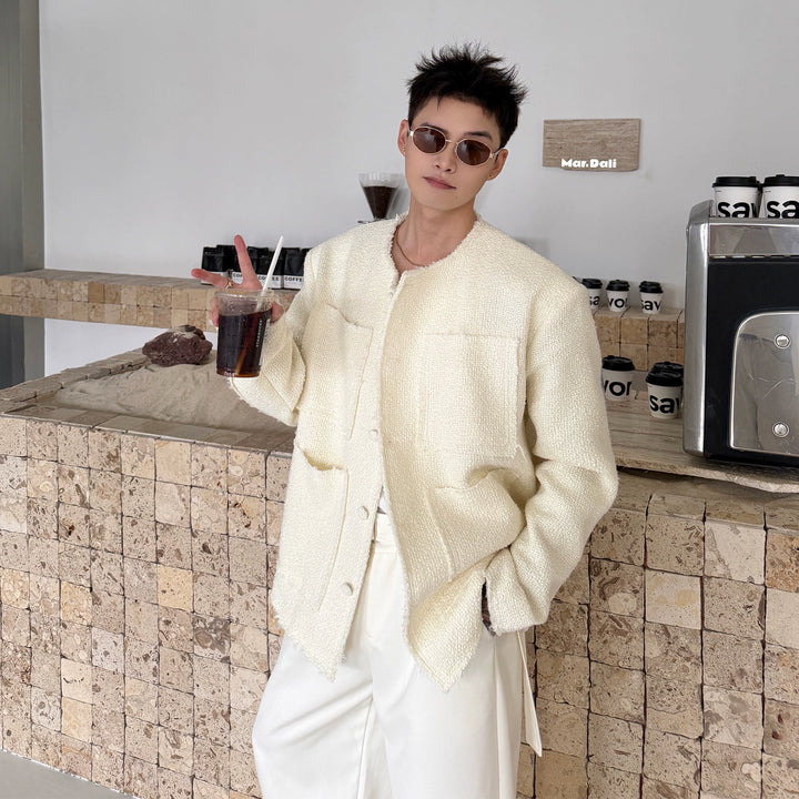 Collarless Wool Raw Edge Jacket