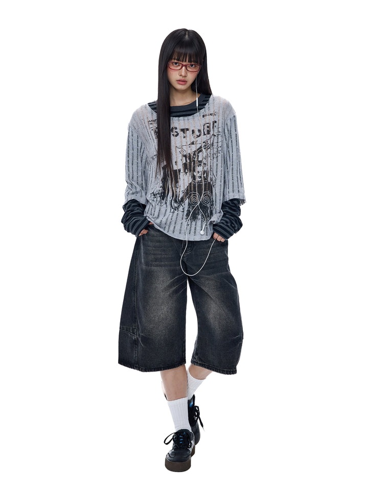 Printed Layered Long Sleeve Casual Turtleneck