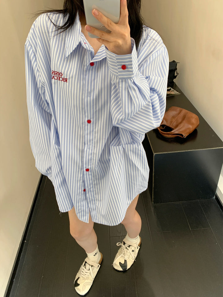 Pleated Vertical Striped Long Sleeve Shirt