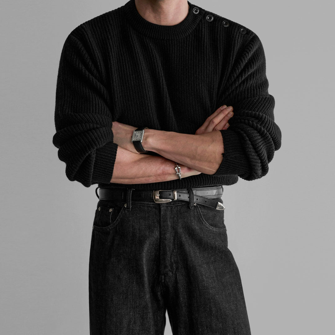 Ribbed Button Shoulder Knit Sweater