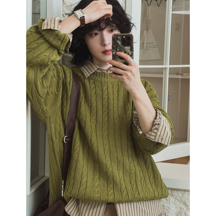 Retro zkroucený pletený svetr s kulatým výstřihem