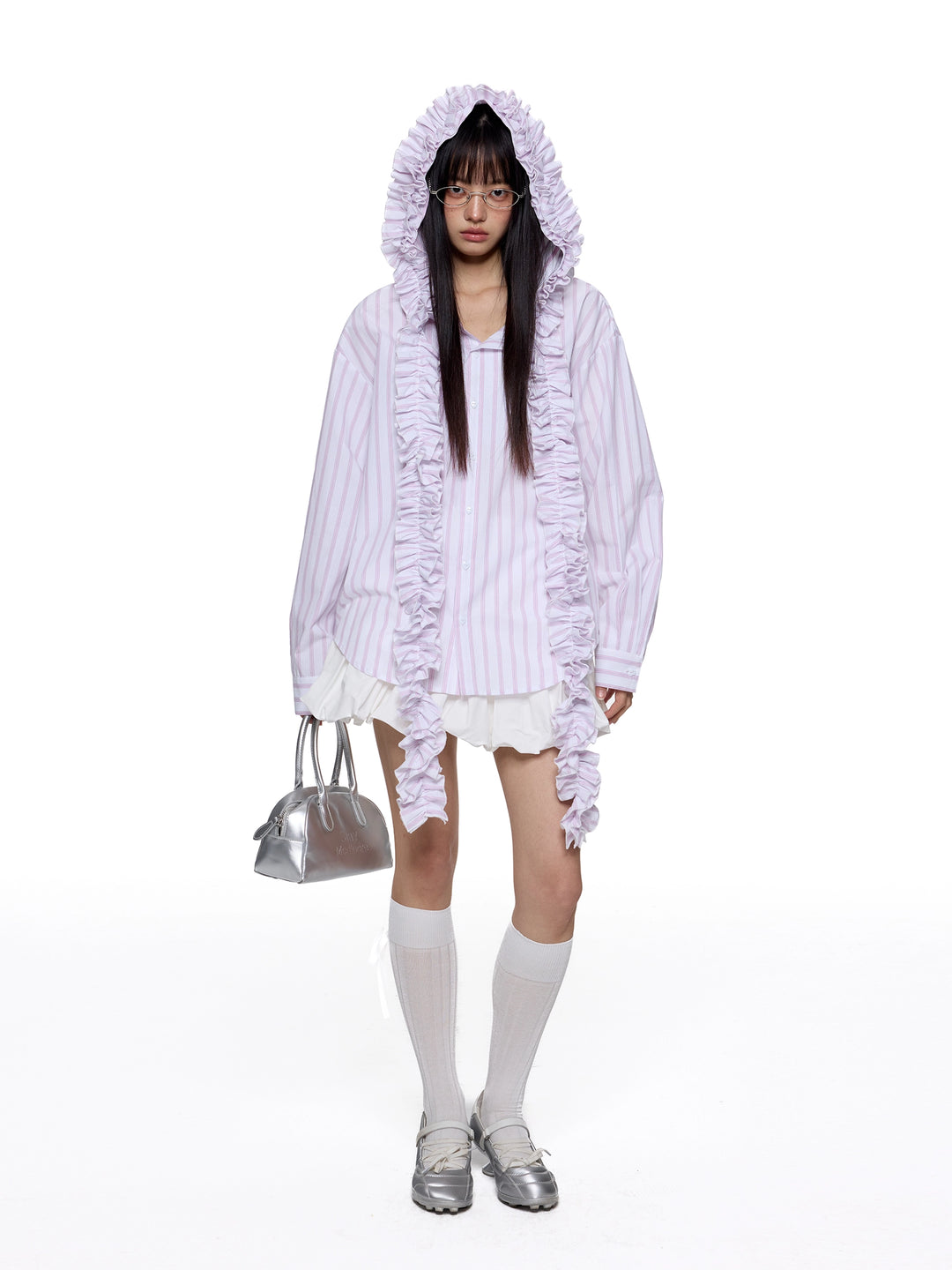 Striped Pleated Hooded Tassel Shirt