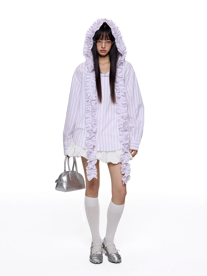 Striped Pleated Hooded Tassel Shirt