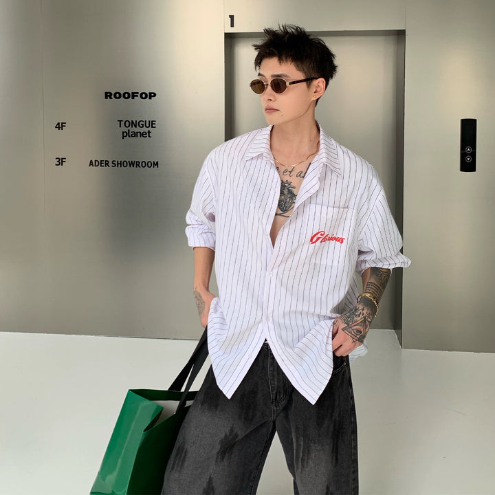 Letter Print Vertical Stripe Long Sleeve Shirt