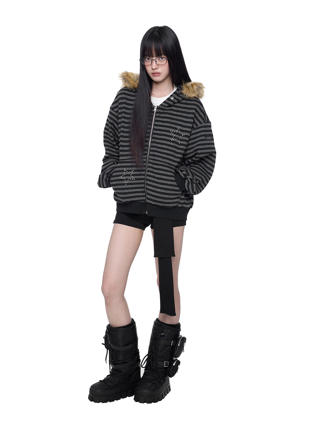 Striped Hooded Cardigan with Fur Collar