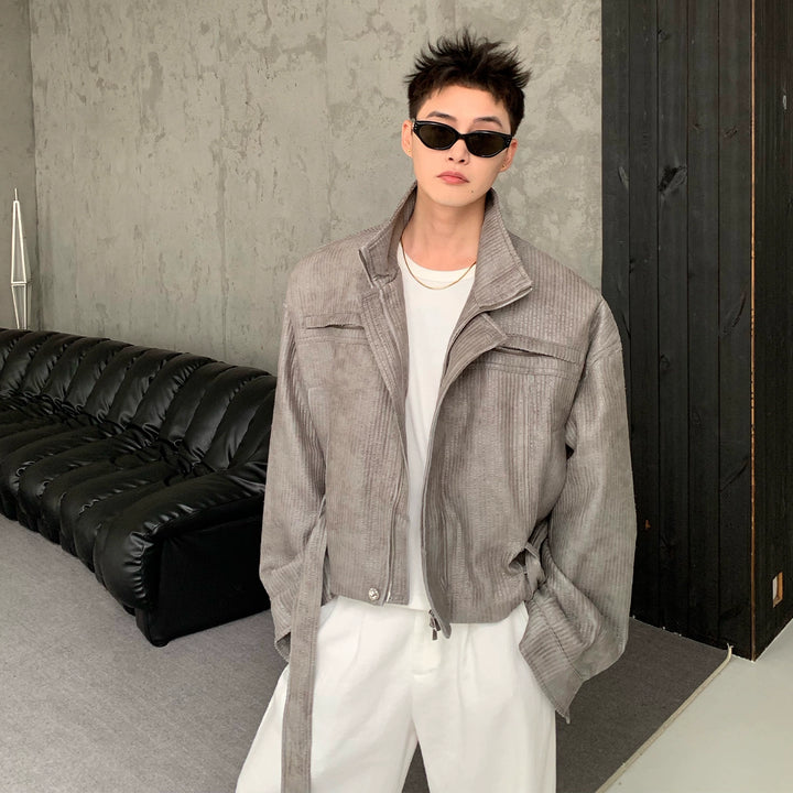 Striped Stand Collar Leather Jacket