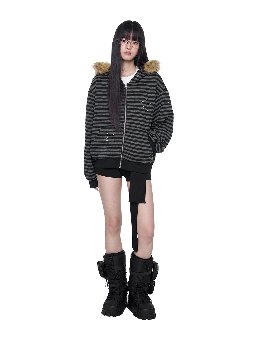 Striped Hooded Cardigan with Fur Collar