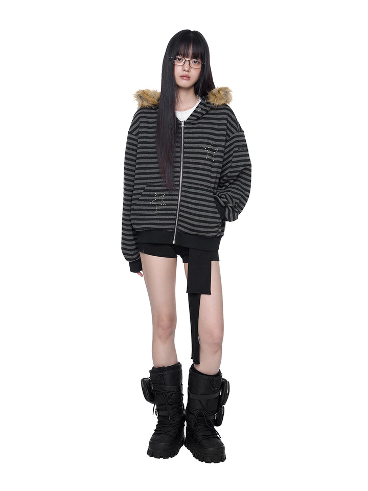 Striped Hooded Cardigan with Fur Collar