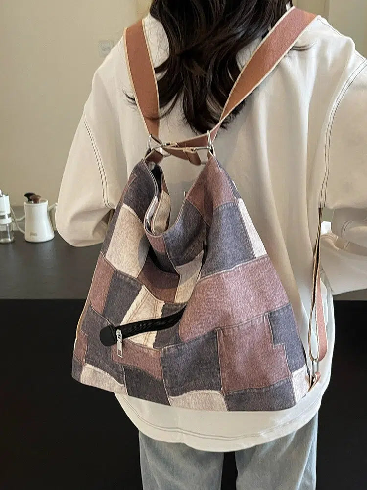 Patchwork Check Drawstring Backpack