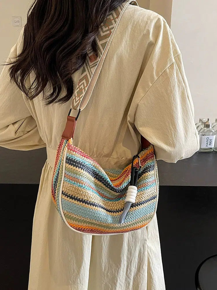 Pearl Chain Striped Shoulder Bag