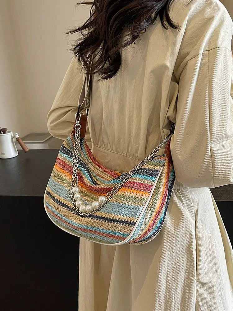 Pearl Chain Striped Shoulder Bag