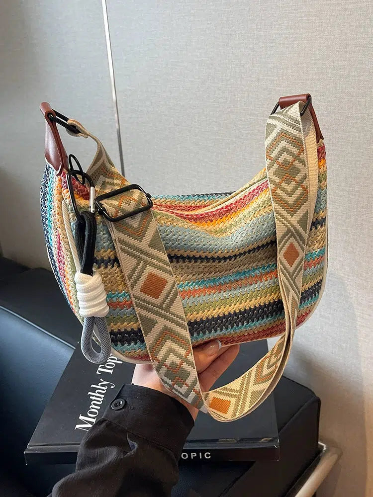 Pearl Chain Striped Shoulder Bag