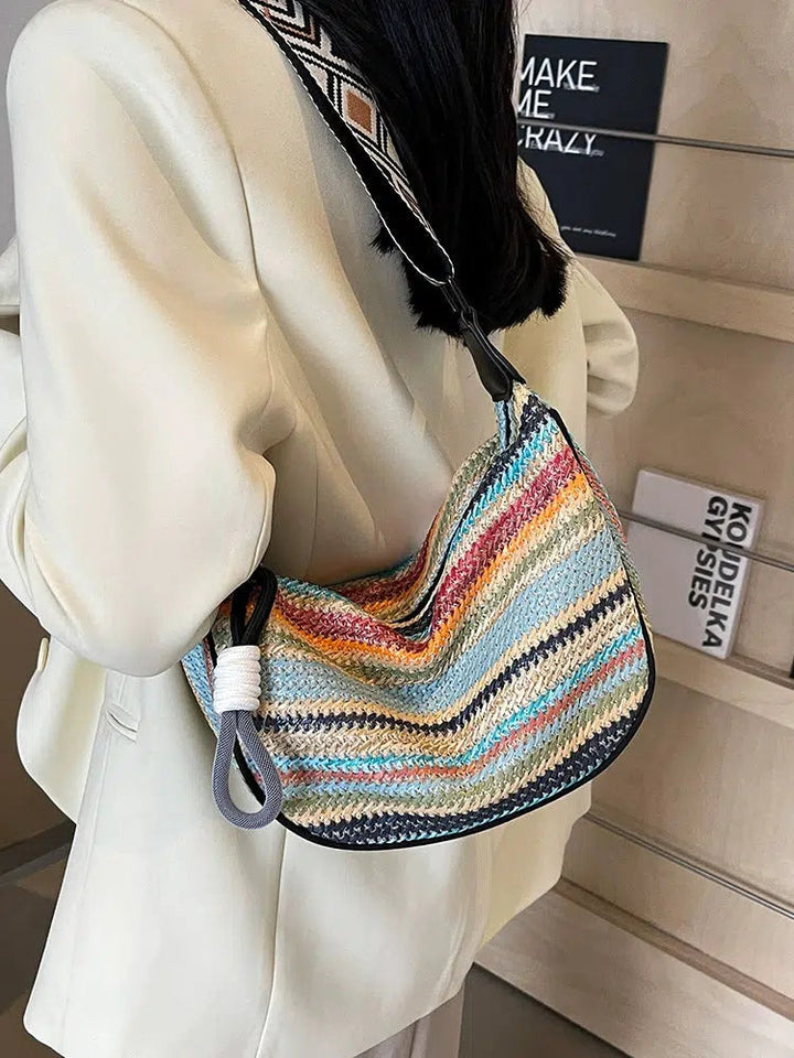 Pearl Chain Striped Shoulder Bag