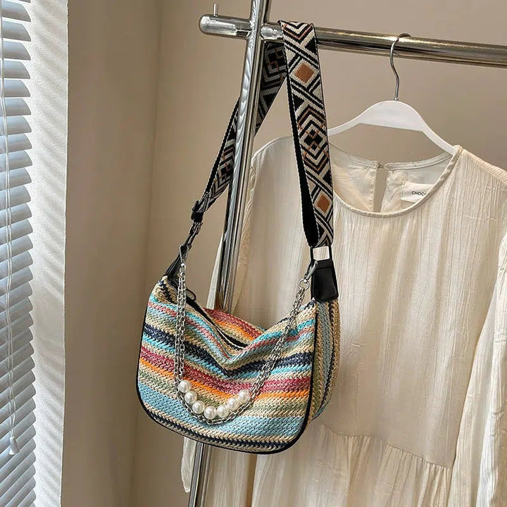 Pearl Chain Striped Shoulder Bag