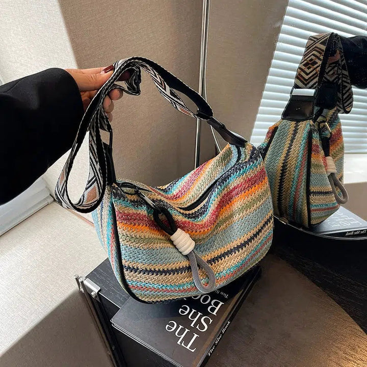 Pearl Chain Striped Shoulder Bag