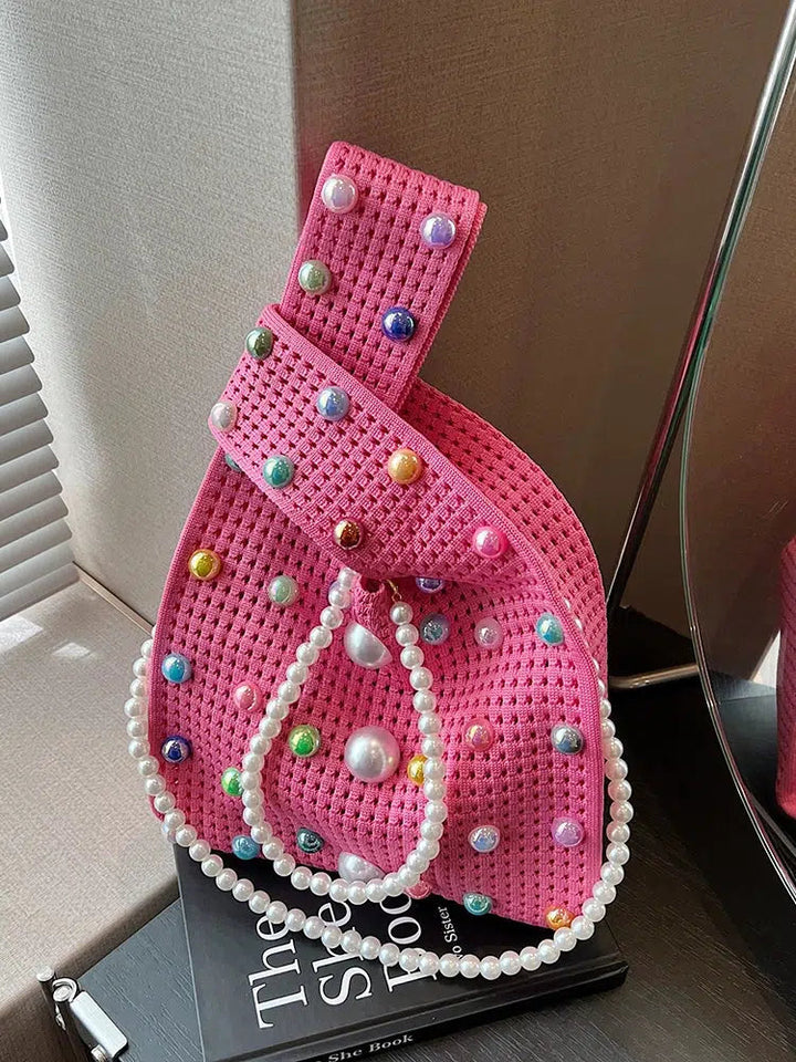 Pearl-Embellished Crochet Bucket Bag