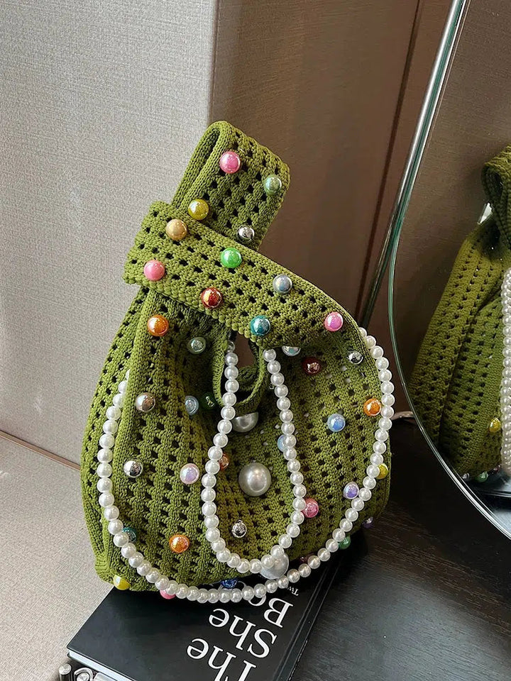 Pearl-Embellished Crochet Bucket Bag