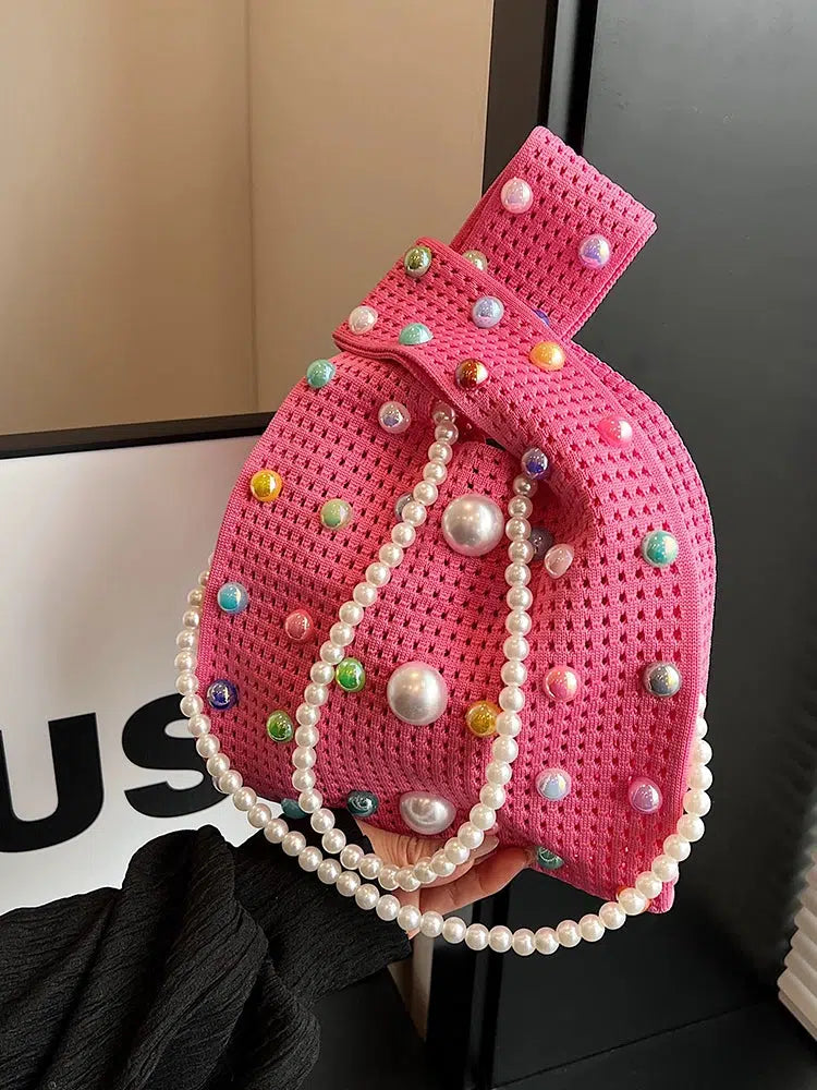 Pearl-Embellished Crochet Bucket Bag