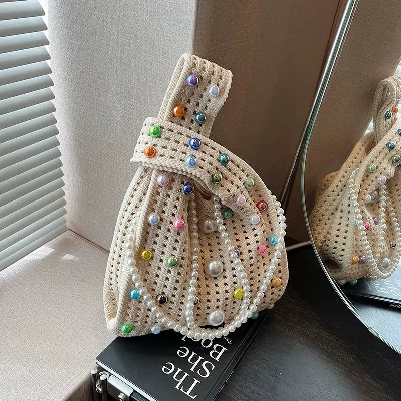 Pearl-Embellished Crochet Bucket Bag