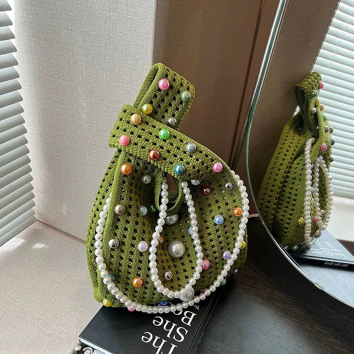 Pearl-Embellished Crochet Bucket Bag