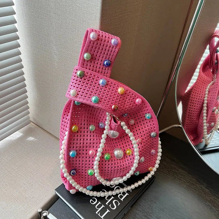 Pearl-Embellished Crochet Bucket Bag