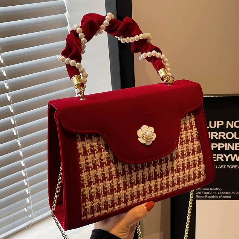 Pearl Handle Houndstooth Square Bag