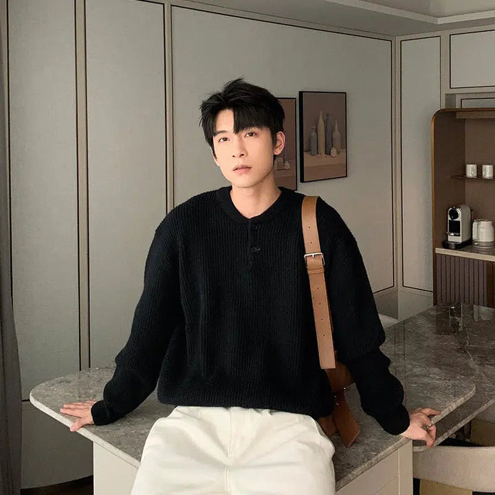 Pleated Henley Bottoming Sweater