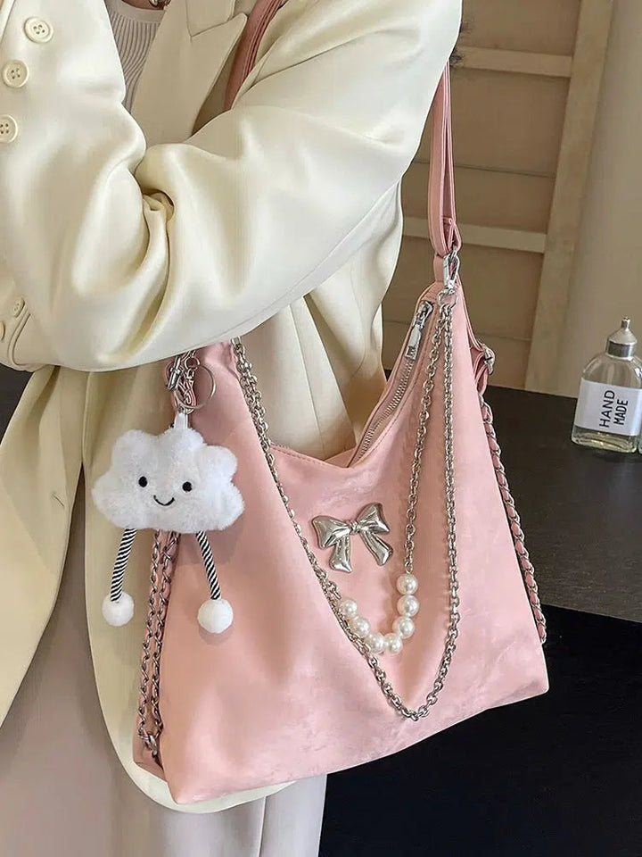 Plush Charm Pearl Chain Shoulder Bag