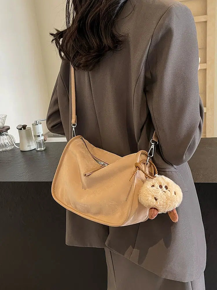 Plush Charm Zipper Closure Shoulder Bag