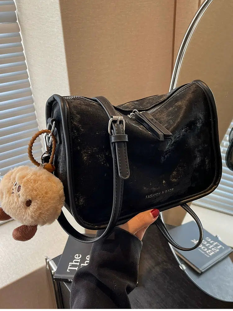 Plush Charm Zipper Closure Shoulder Bag
