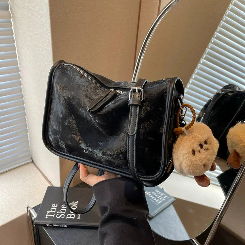 Plush Charm Zipper Closure Shoulder Bag