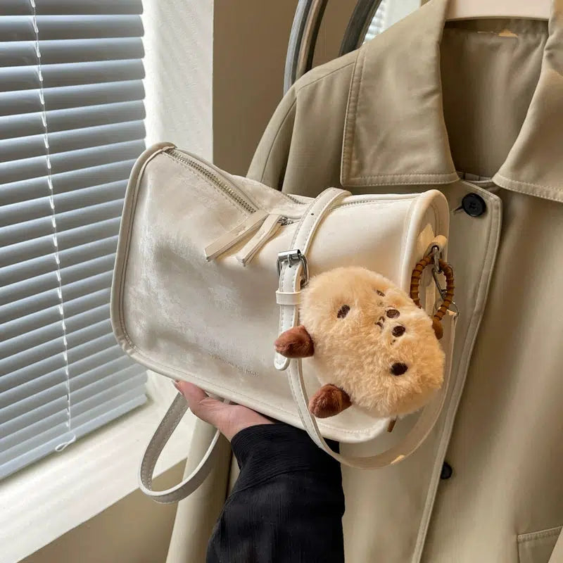Plush Charm Zipper Closure Shoulder Bag