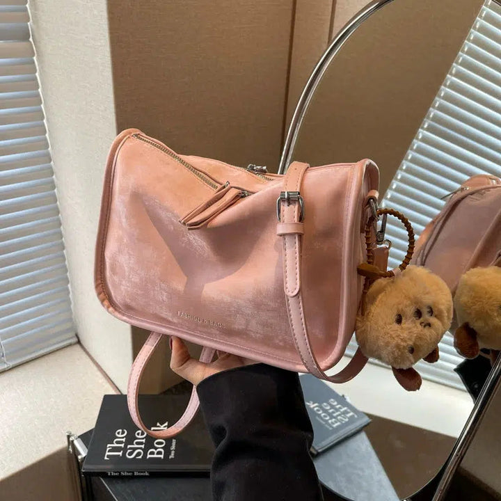 Plush Charm Zipper Closure Shoulder Bag