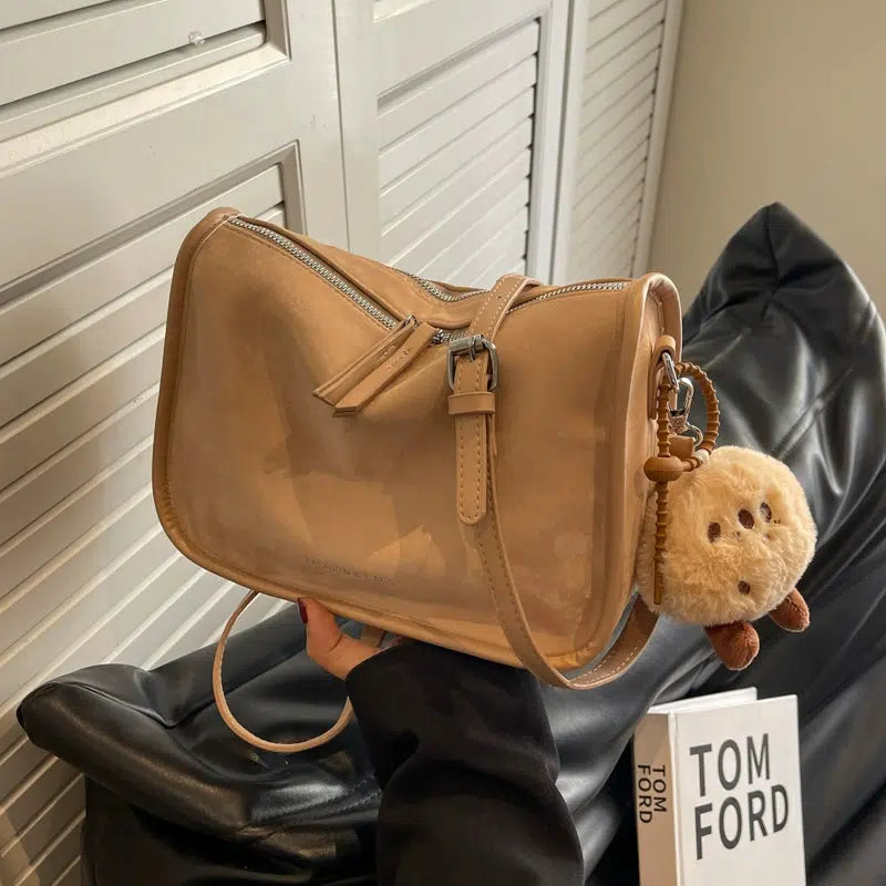 Plush Charm Zipper Closure Shoulder Bag