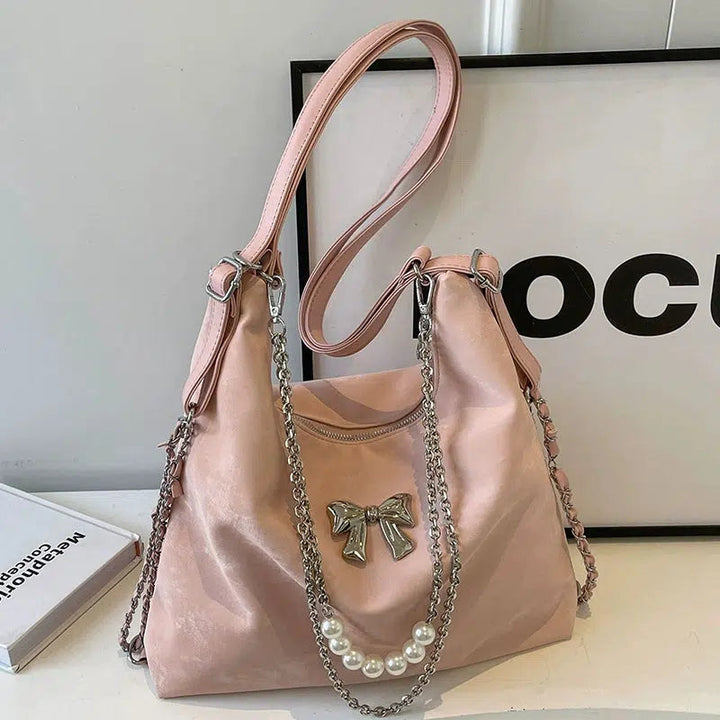 Plush Decorative Pearl Chain Tote Bag