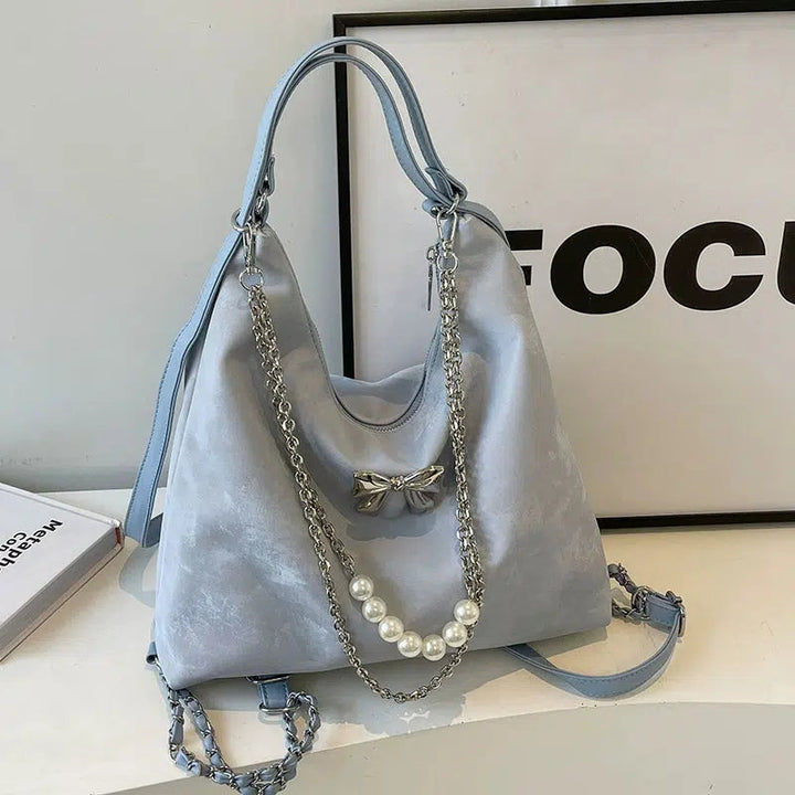 Plush Decorative Pearl Chain Tote Bag