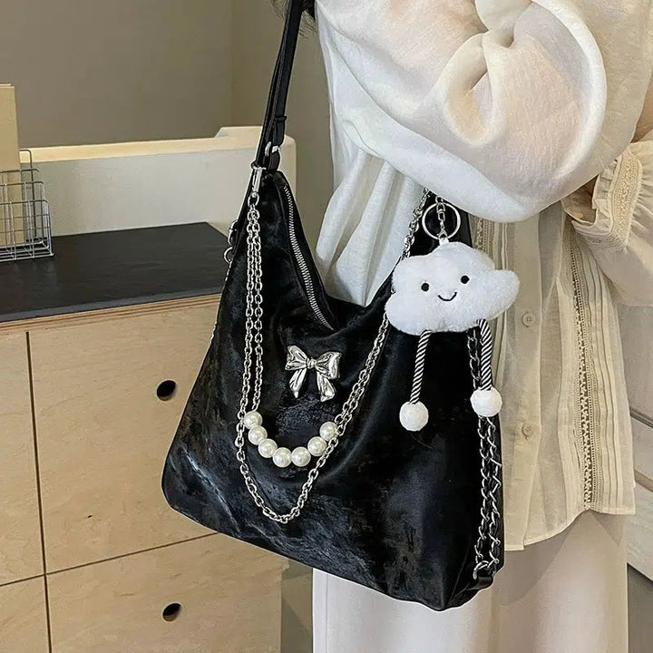 Plush Decorative Pearl Chain Tote Bag